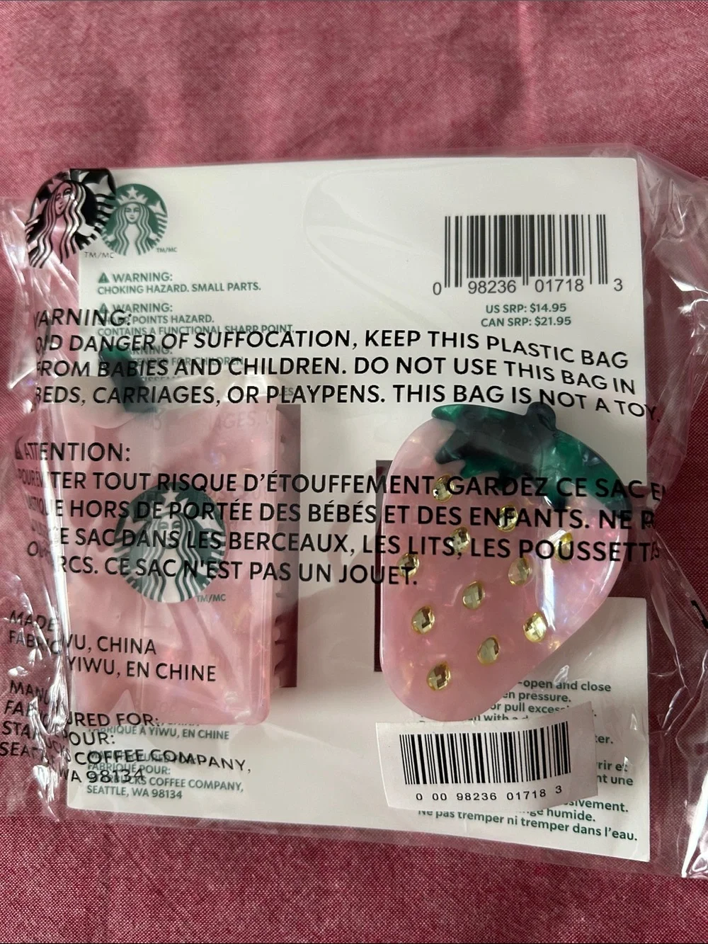 Starbucks Summe Pink Strawberry & Drink Acetate Claw Clip Set with Green Accents